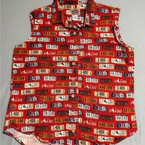 VTG Barn Fly Brand, Red License Plate aop button up vest shirt, men's Medium